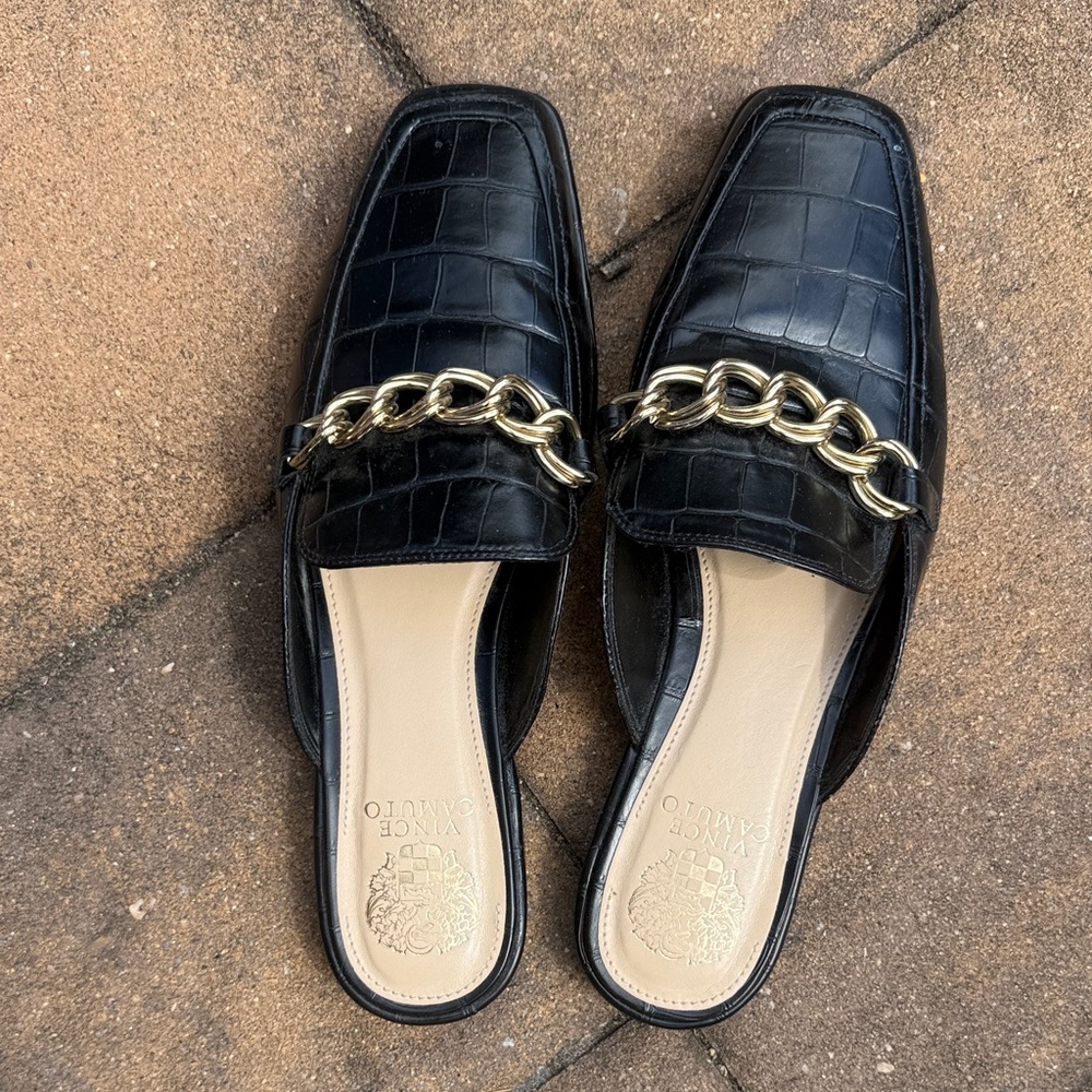 Vince Camuto Black Croc Mules with Gold Chain